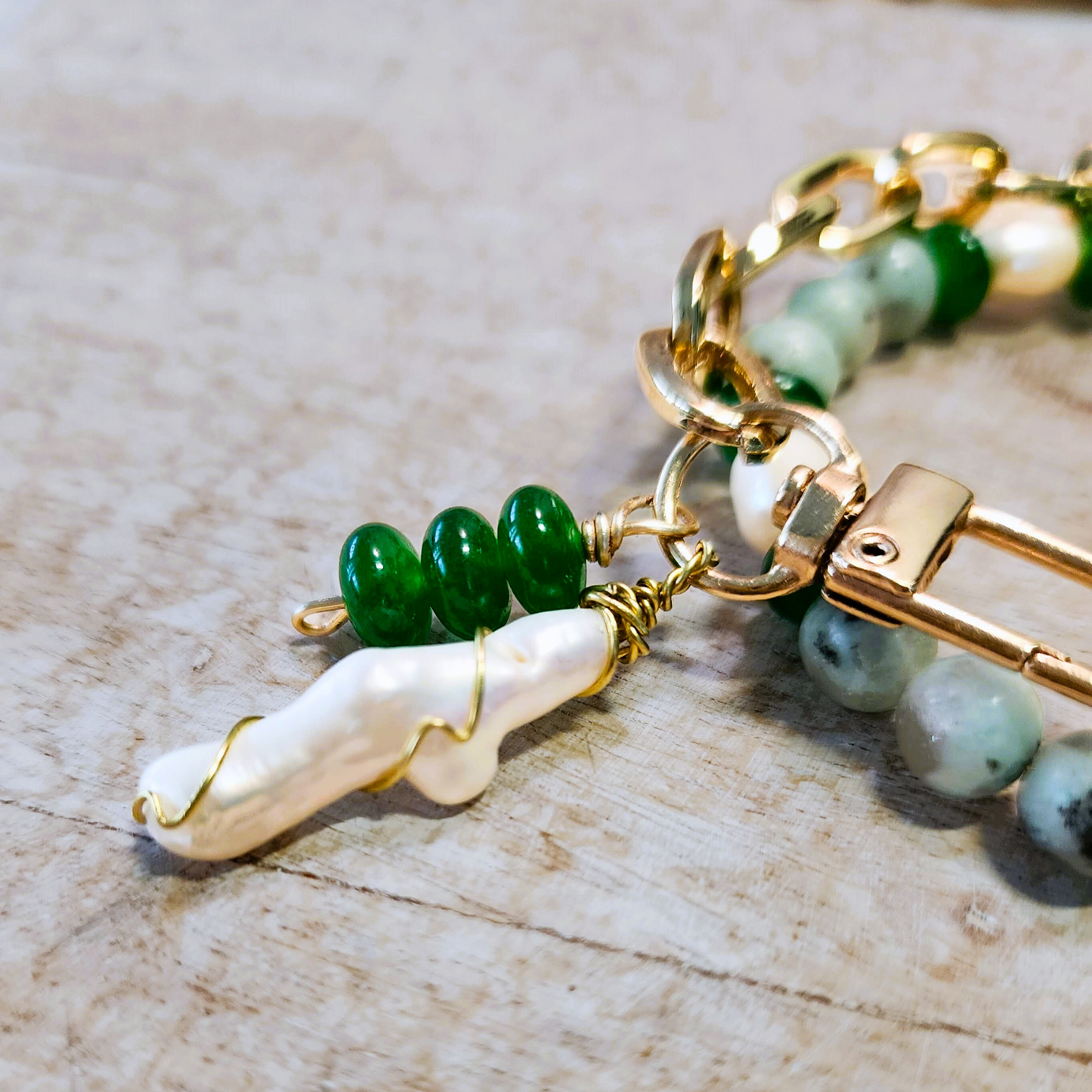 Green Jade & Natural Pearl Bracelet with 18k Gold-Plated Chain