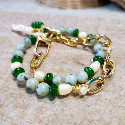 Green Jade & Natural Pearl Bracelet with 18k Gold-Plated Chain