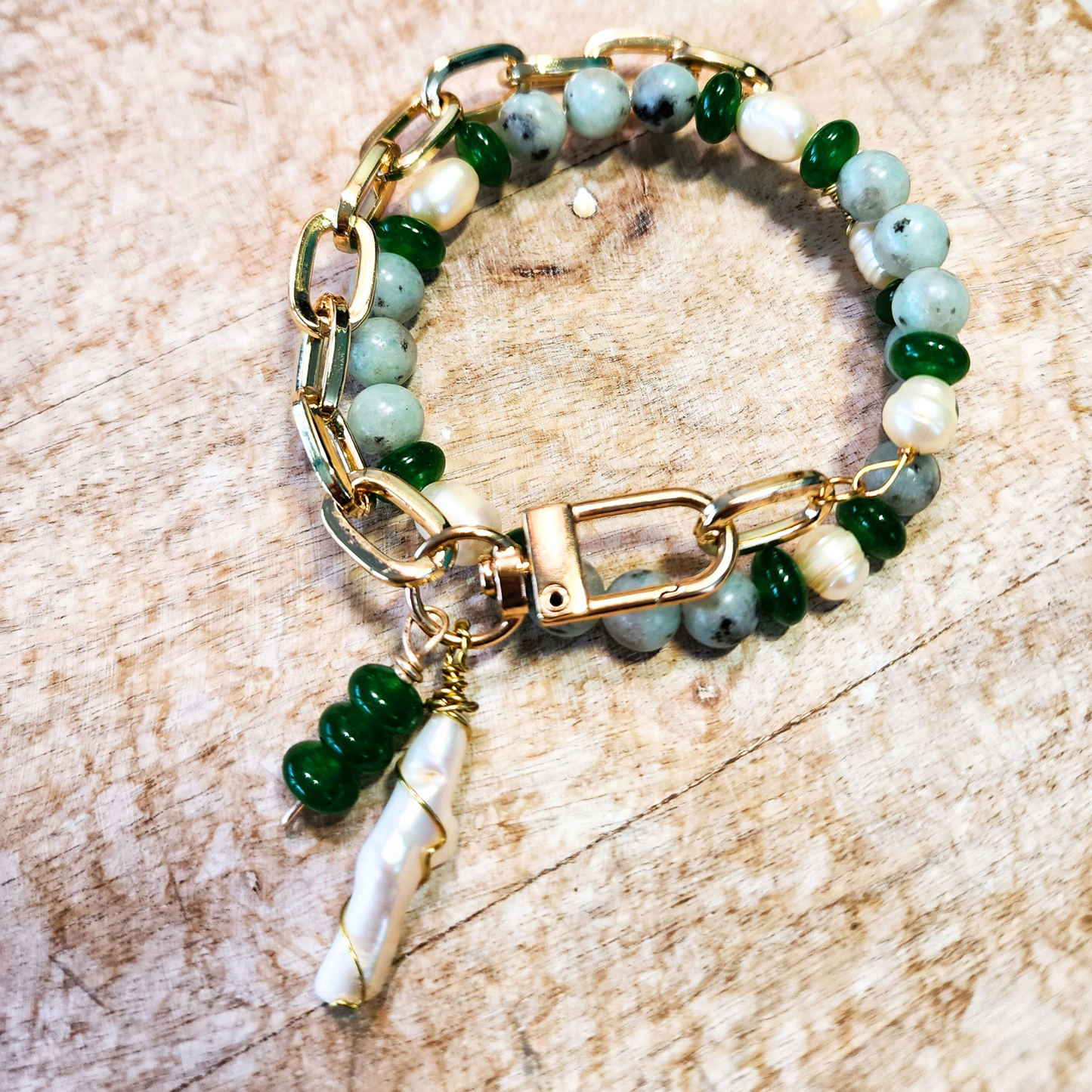 Green Jade & Natural Pearl Bracelet with 18k Gold-Plated Chain