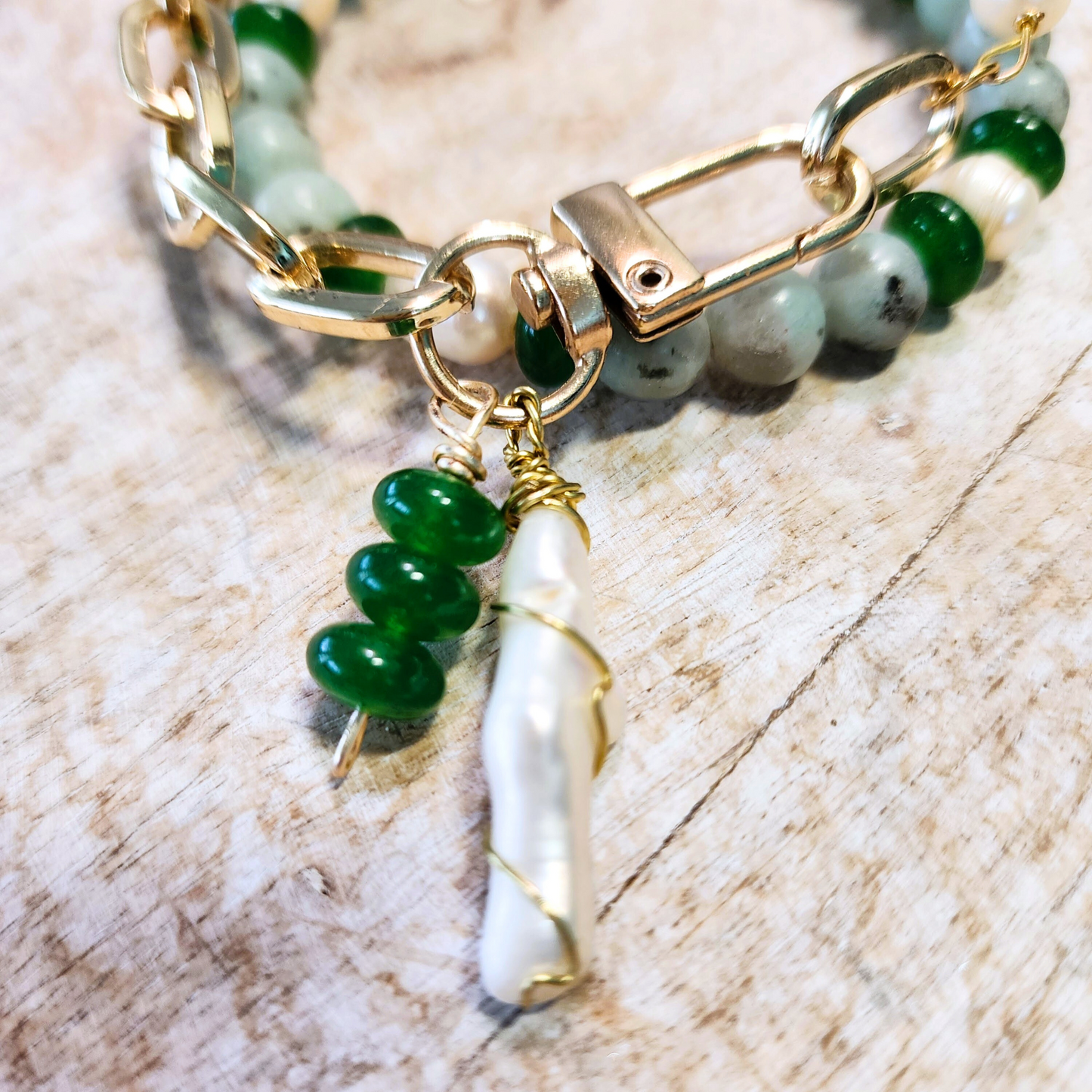 Green Jade & Natural Pearl Bracelet with 18k Gold-Plated Chain