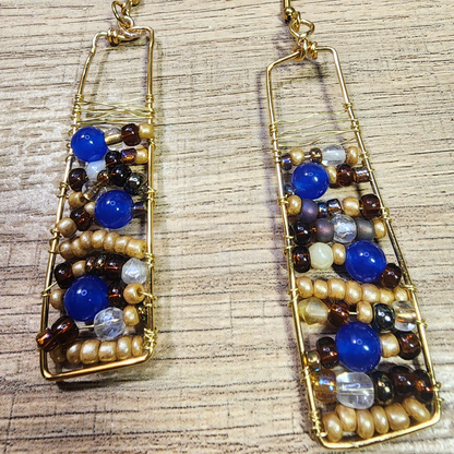 Handwoven Gold Copper Wire Earrings with Blue Agate Accents