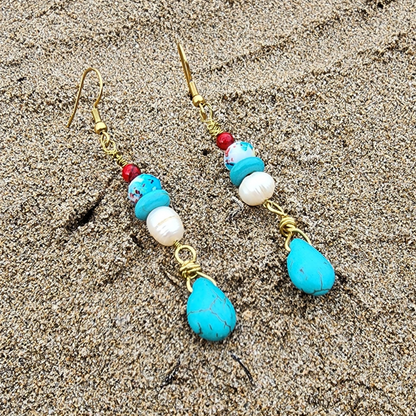 Handcrafted Dangle Earrings with Genuine Pearls and Howlite Turquoise