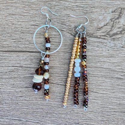 Asymmetrical Stainless Steel Dangle Earrings with Earthy Crystals and Genuine Tiger's Eye