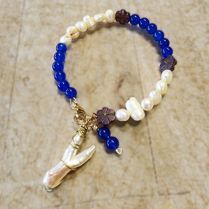 Natural Pearl & Blue Agate Memory Wire Bracelet with Baroque Pearl Pendant