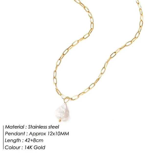 Rectangle Link Chain Pearl Necklace