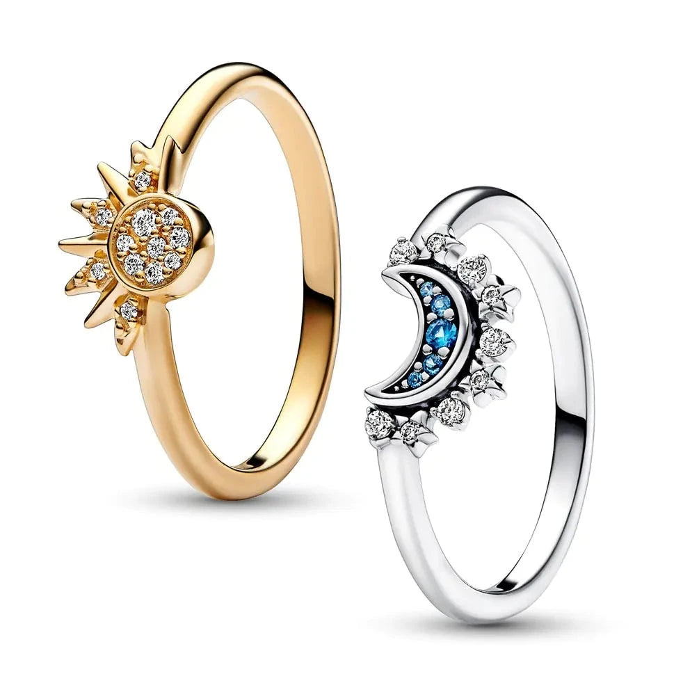 Celestial Blue Sparkling Moon And Sun Rings