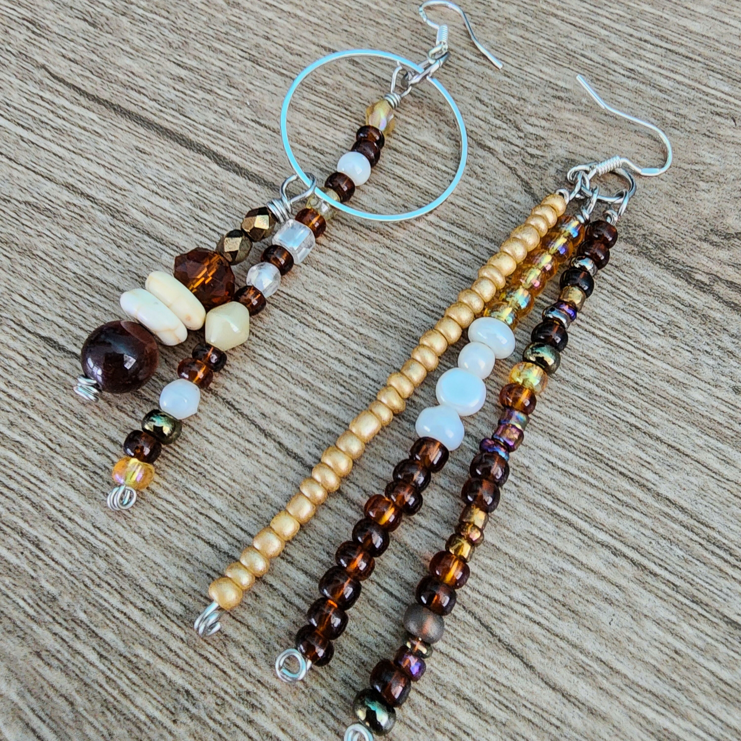 Asymmetrical Stainless Steel Dangle Earrings with Earthy Crystals and Genuine Tiger's Eye