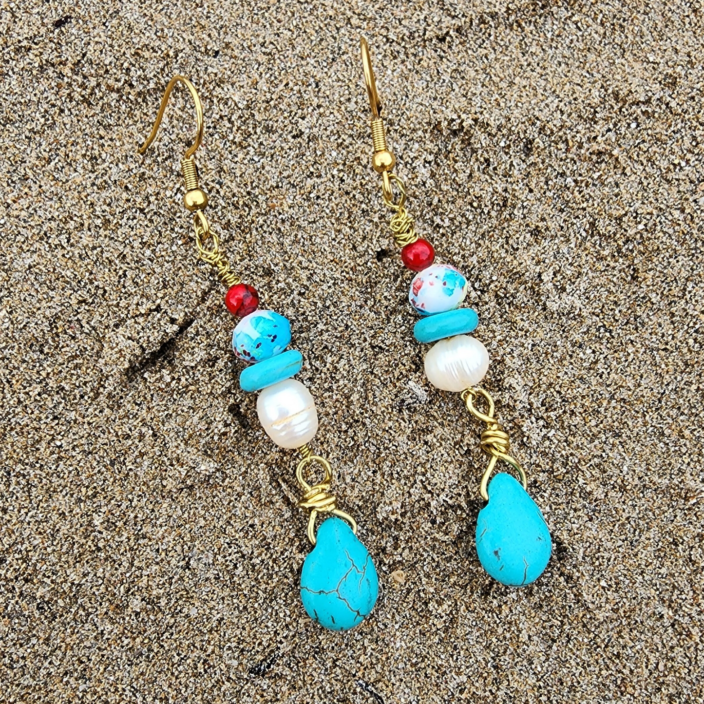 Handcrafted Dangle Earrings with Genuine Pearls and Howlite Turquoise