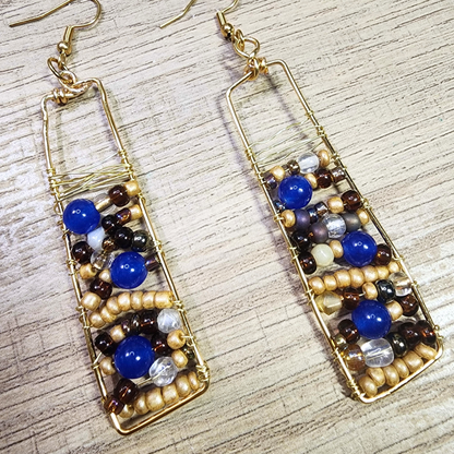 Handwoven Gold Copper Wire Earrings with Blue Agate Accents