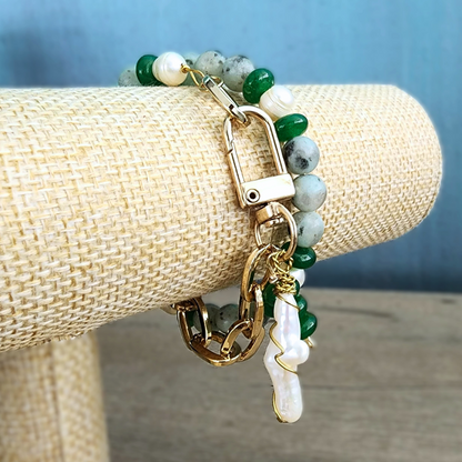 Green Jade & Natural Pearl Bracelet with 18k Gold-Plated Chain