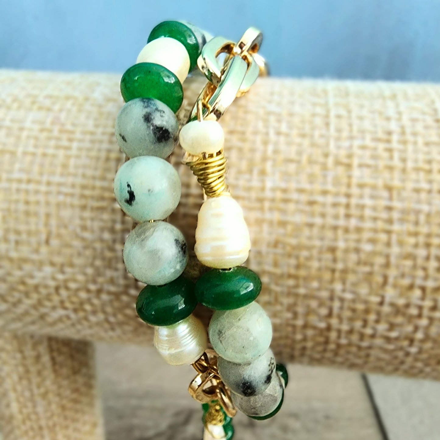 Green Jade & Natural Pearl Bracelet with 18k Gold-Plated Chain