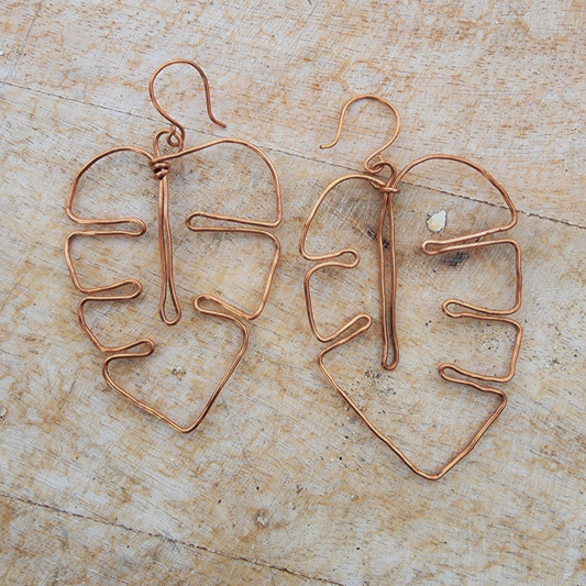 Copper Wire Monstera Leaf Earrings