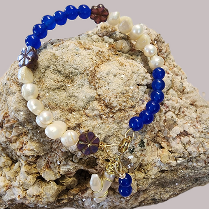 Natural Pearl & Blue Agate Memory Wire Bracelet with Baroque Pearl Pendant