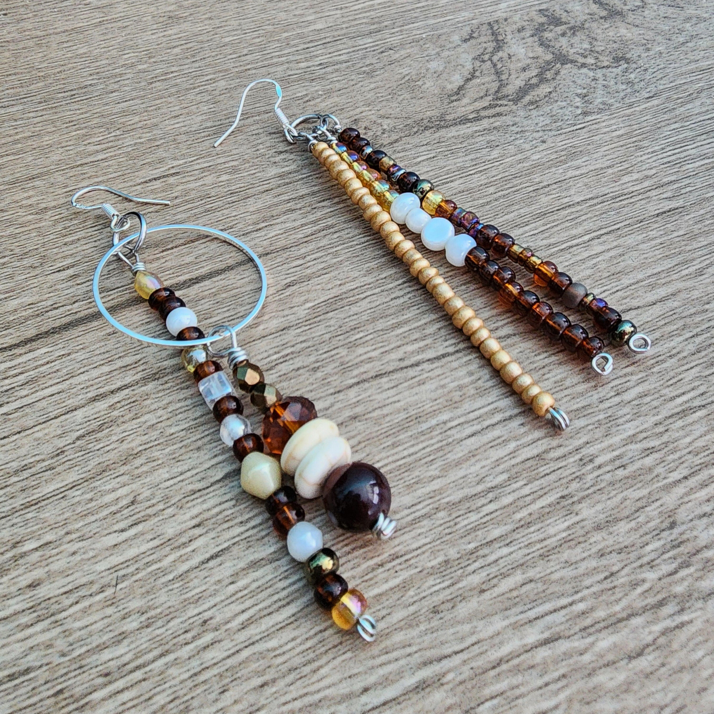 Asymmetrical Stainless Steel Dangle Earrings with Earthy Crystals and Genuine Tiger's Eye