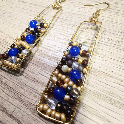 Handwoven Gold Copper Wire Earrings with Blue Agate Accents