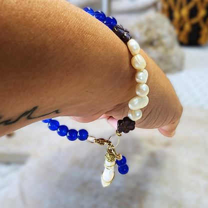 Natural Pearl & Blue Agate Memory Wire Bracelet with Baroque Pearl Pendant