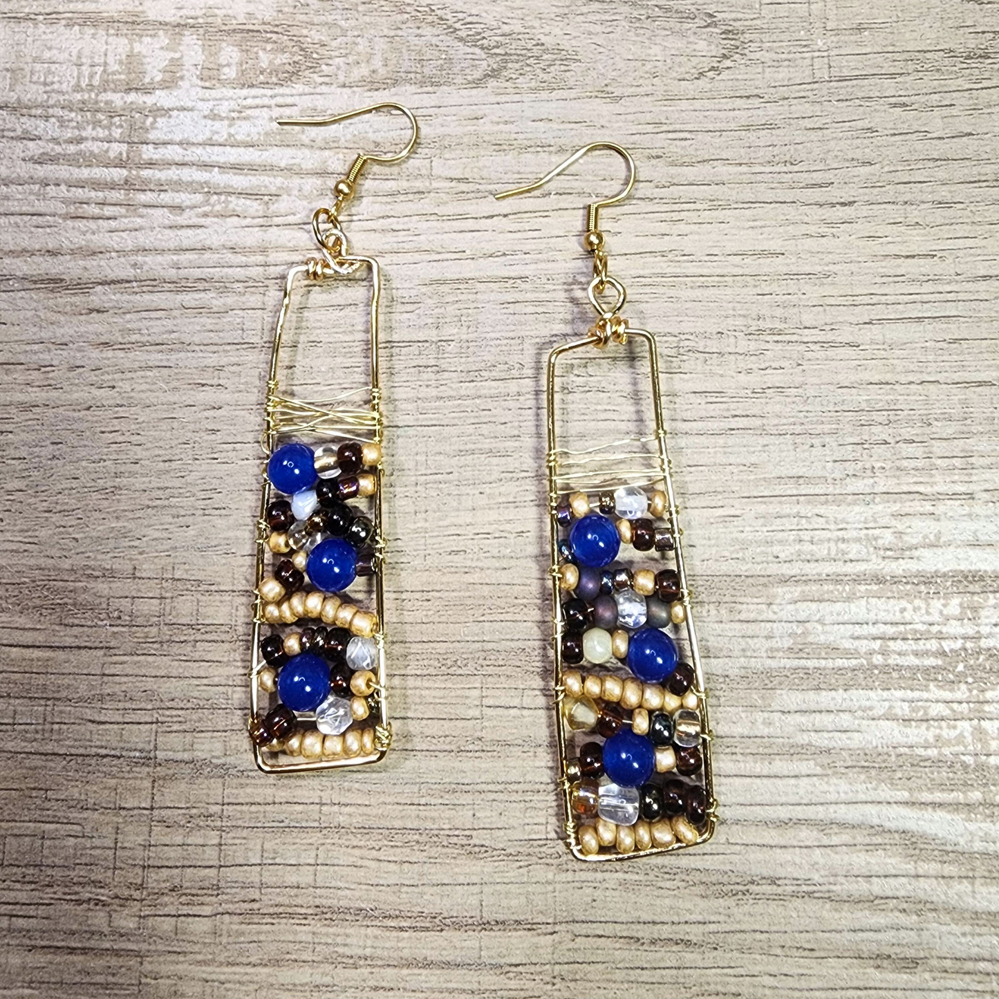 Handwoven Gold Copper Wire Earrings with Blue Agate Accents