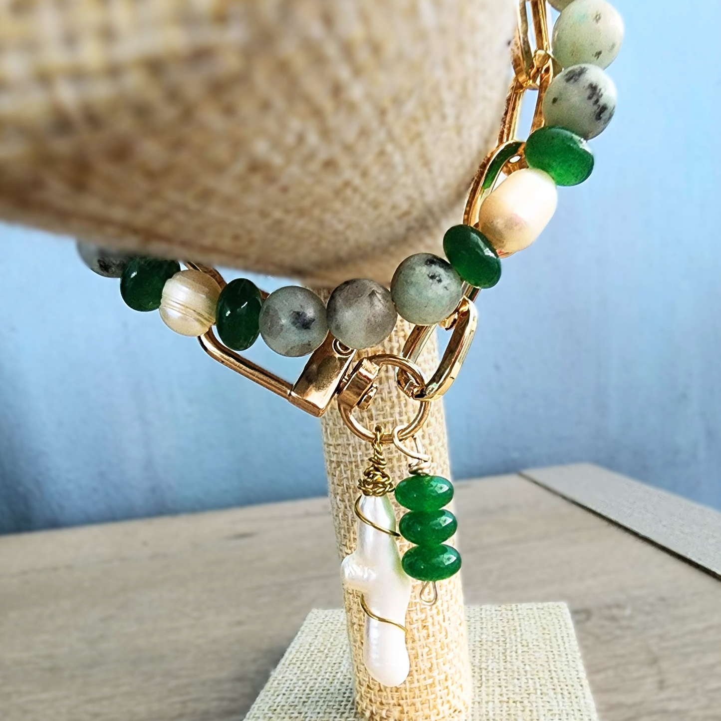 Green Jade & Natural Pearl Bracelet with 18k Gold-Plated Chain