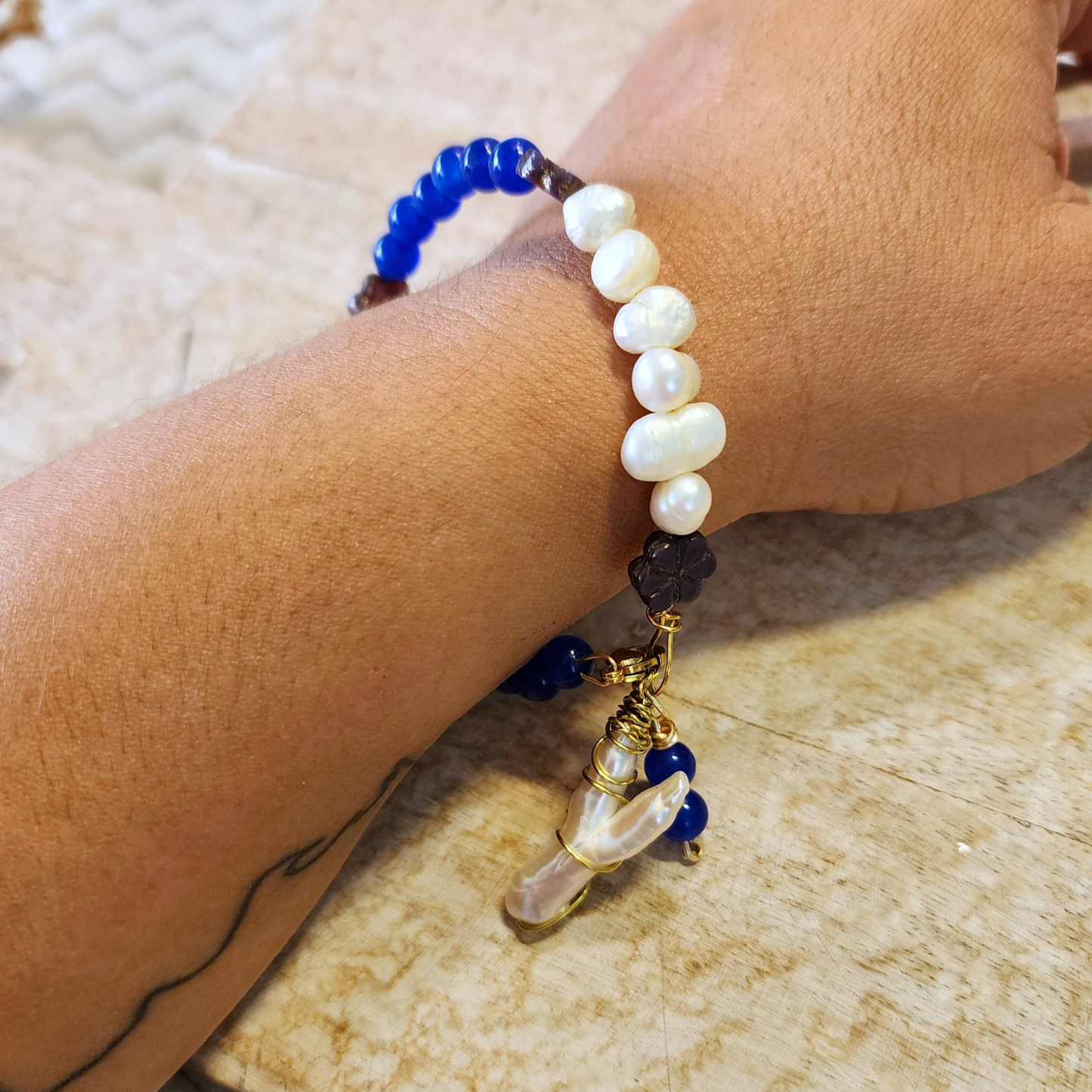 Natural Pearl & Blue Agate Memory Wire Bracelet with Baroque Pearl Pendant