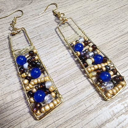 Handwoven Gold Copper Wire Earrings with Blue Agate Accents