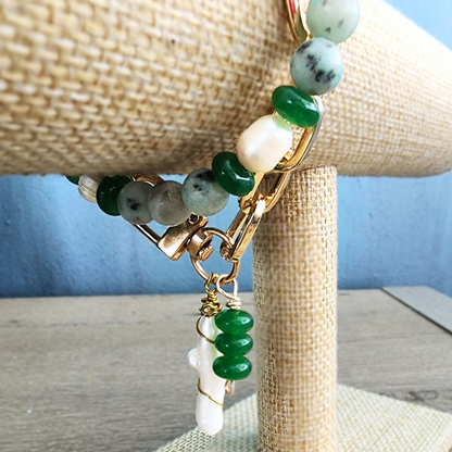 Green Jade & Natural Pearl Bracelet with 18k Gold-Plated Chain