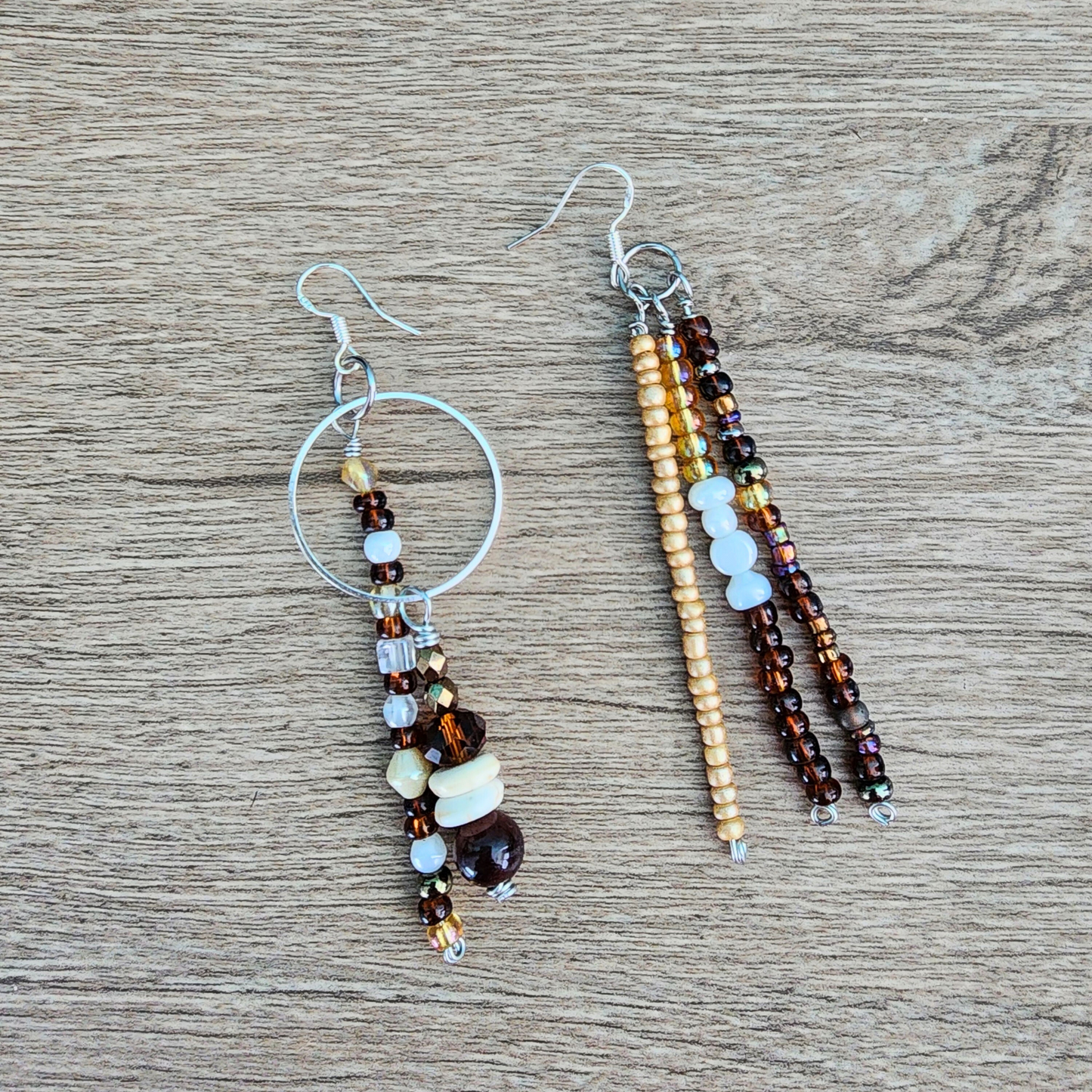 Asymmetrical Stainless Steel Dangle Earrings with Earthy Crystals and Genuine Tiger's Eye