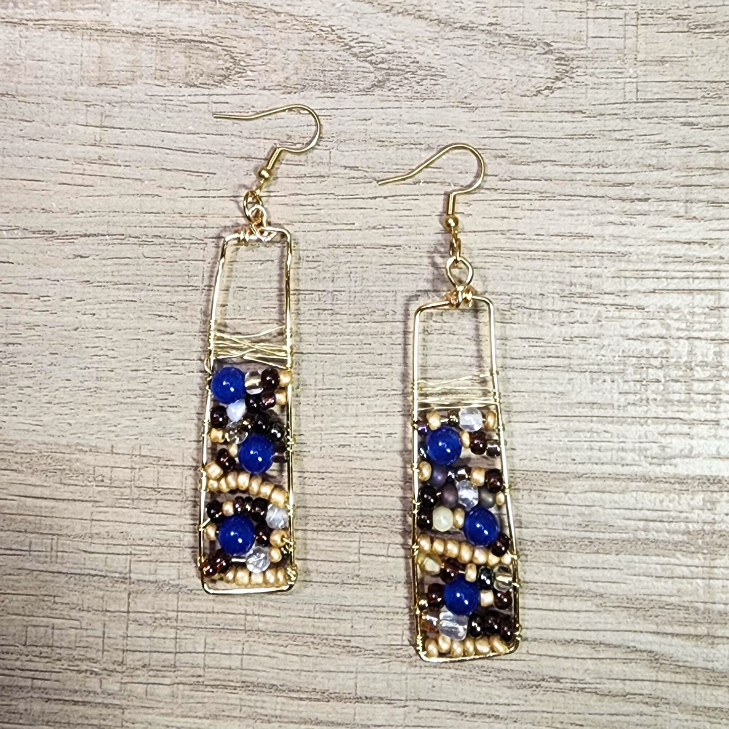 Handwoven Gold Copper Wire Earrings with Blue Agate Accents