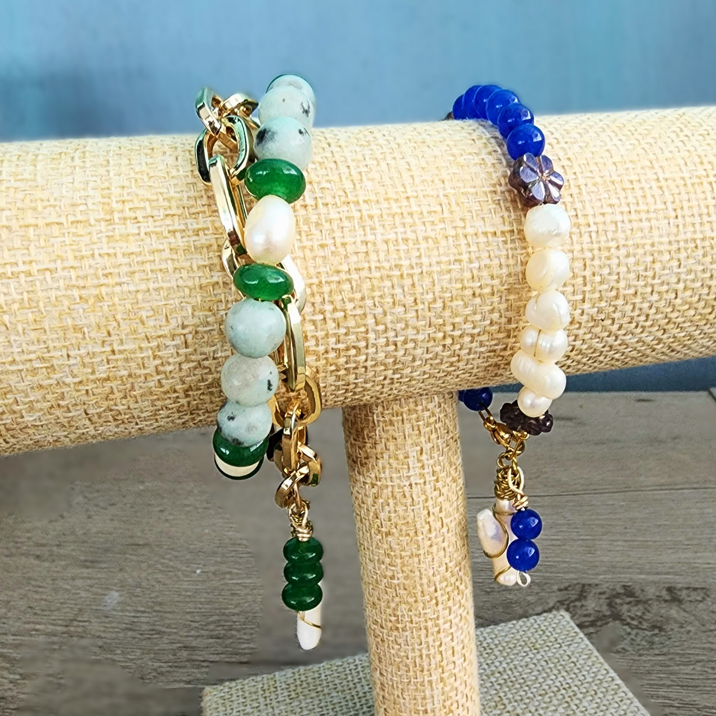 Green Jade & Natural Pearl Bracelet with 18k Gold-Plated Chain