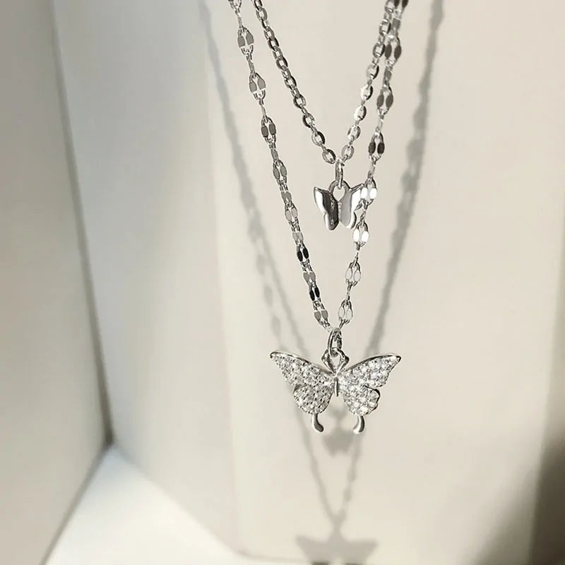 925 Sterling Silver CZ Butterfly Necklace: Double Layer Dainty Jewelry