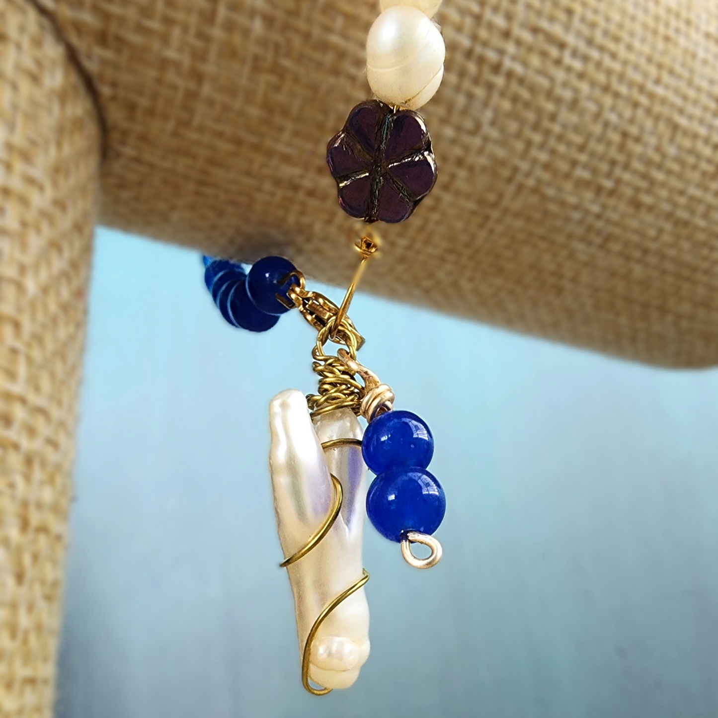 Natural Pearl & Blue Agate Memory Wire Bracelet with Baroque Pearl Pendant