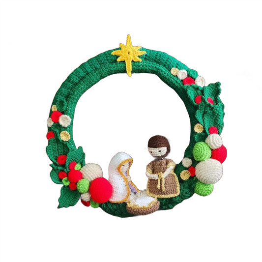 Crochet Christmas wreath with birth of Jesus.