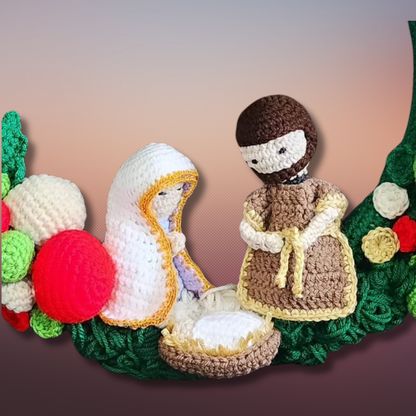 Crochet Christmas wreath with birth of Jesus.