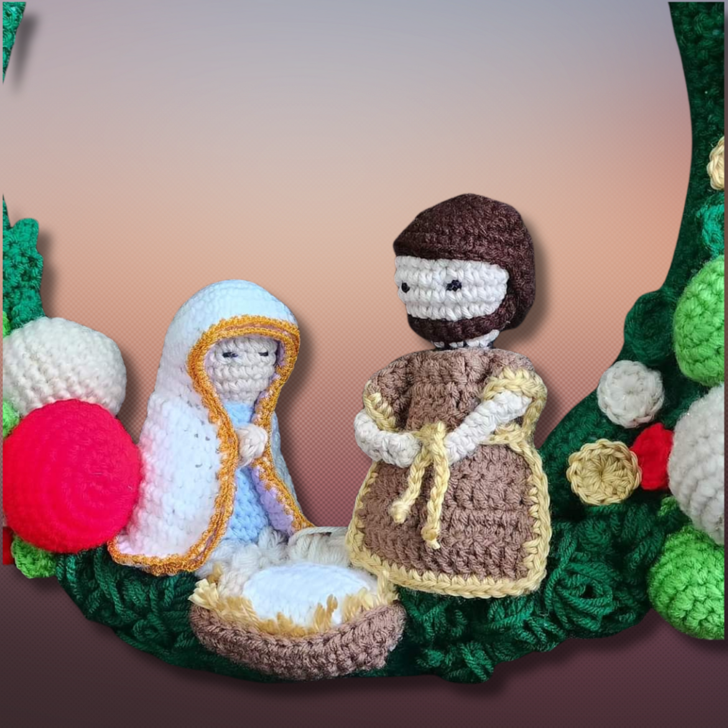 Crochet Christmas wreath with birth of Jesus.