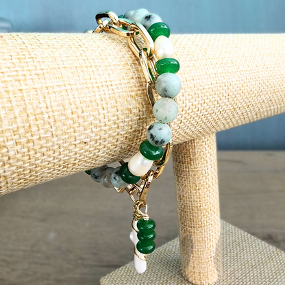 Green Jade & Natural Pearl Bracelet with 18k Gold-Plated Chain