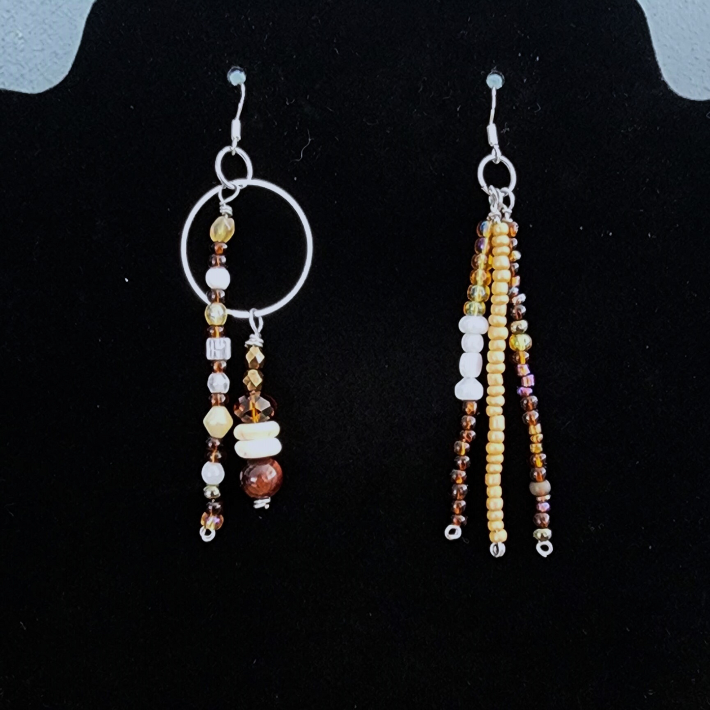 Asymmetrical Stainless Steel Dangle Earrings with Earthy Crystals and Genuine Tiger's Eye