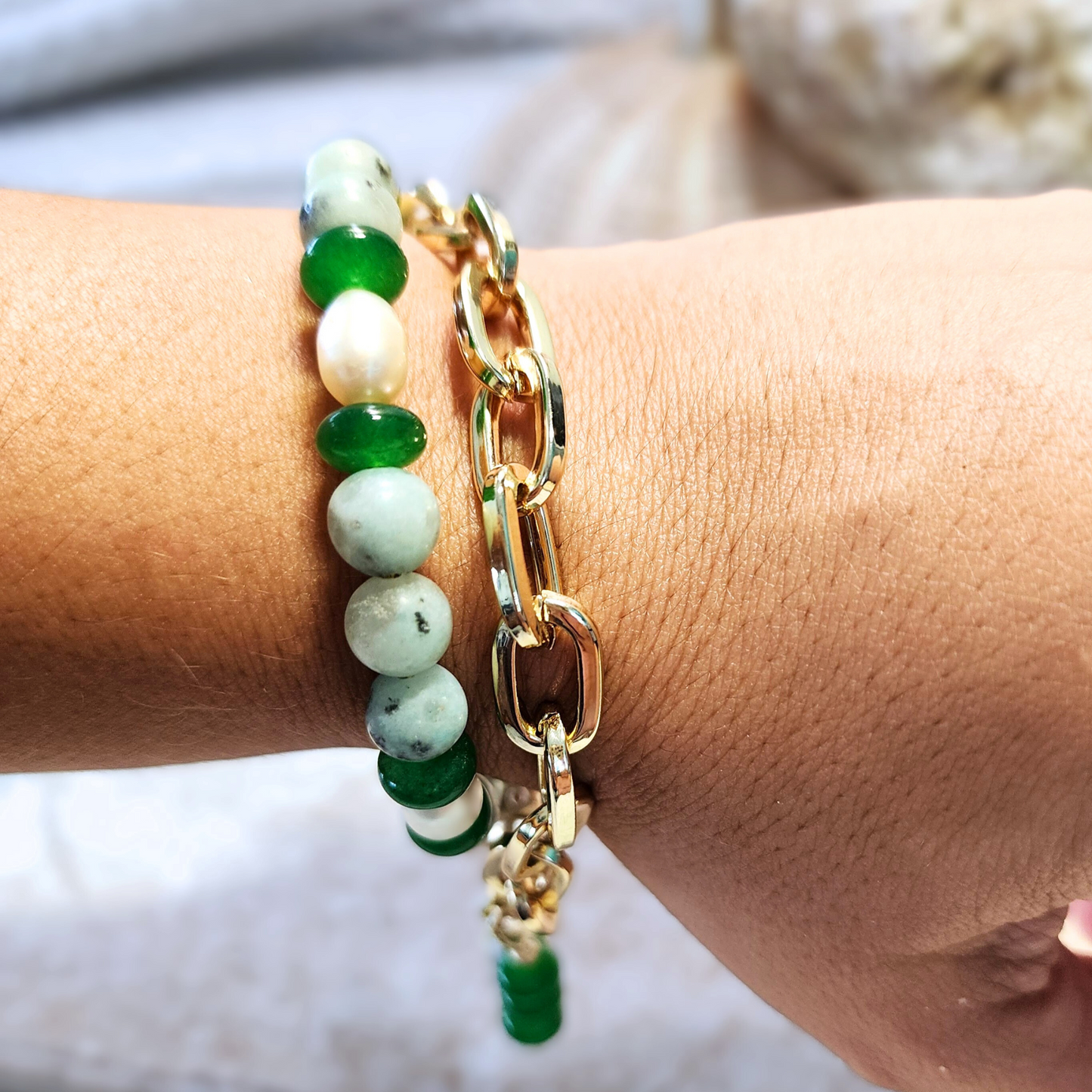 Green Jade & Natural Pearl Bracelet with 18k Gold-Plated Chain