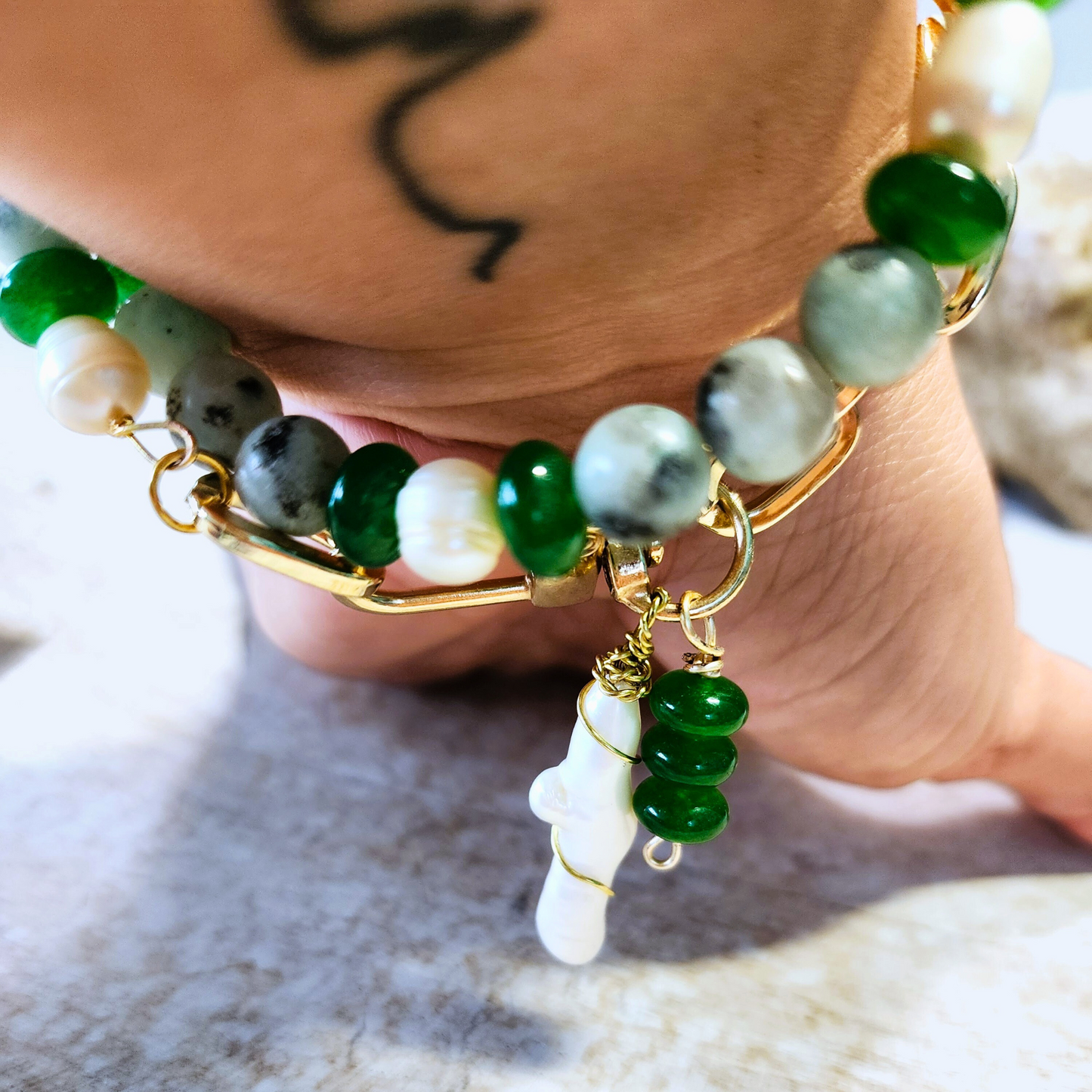 Green Jade & Natural Pearl Bracelet with 18k Gold-Plated Chain