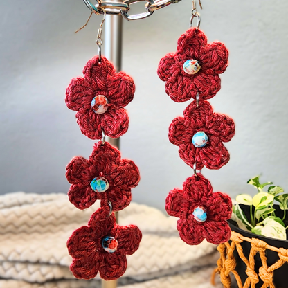 Crimson Bloom Crochet Earrings