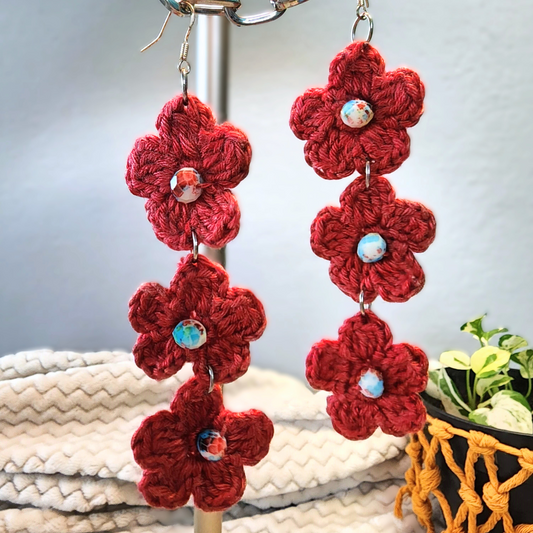 Crimson Bloom Crochet Earrings