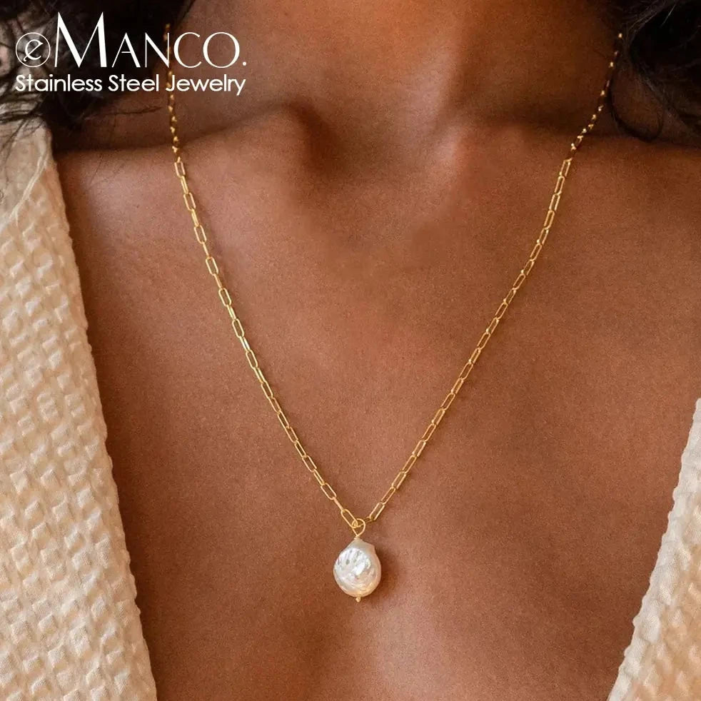 Rectangle Link Chain Pearl Necklace