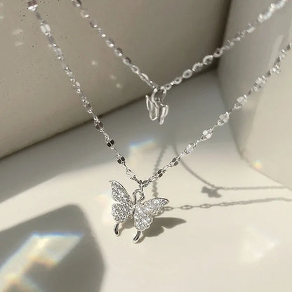 925 Sterling Silver CZ Butterfly Necklace: Double Layer Dainty Jewelry