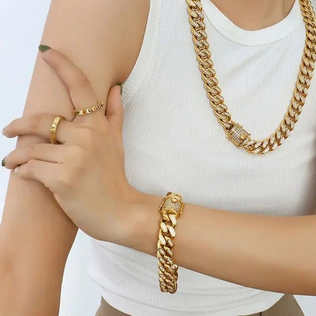 Stainless Steel Jewelry Full Zircon Inlaid CUBAN CHAIN Plated 18 K Gold Necklace Bracelet Set