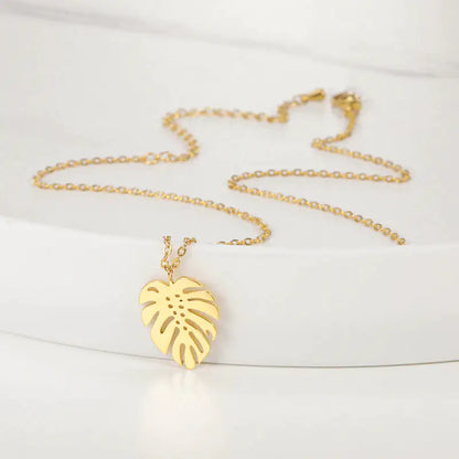 necklace, trendy jewelry, stainless steel, gold-plated, monstera leave, necklace pendant, luxury jewelry, waterproof

