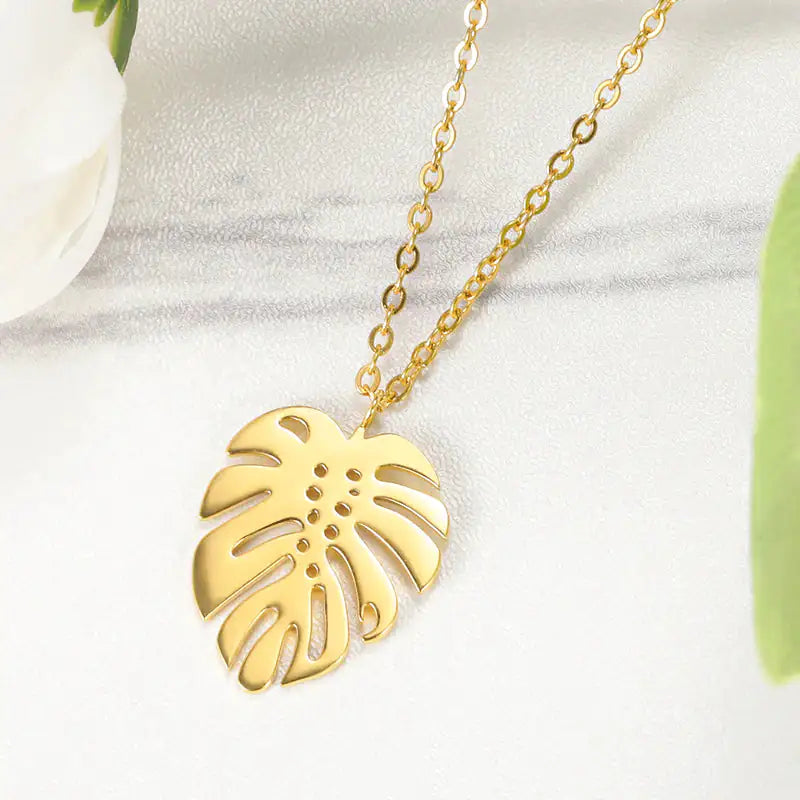 necklace, trendy jewelry, stainless steel, gold-plated, monstera leave, necklace pendant, luxury jewelry, waterproof

