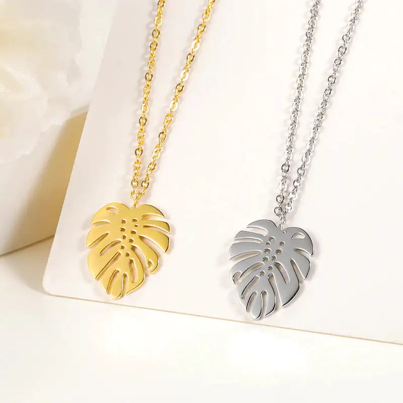 necklace, trendy jewelry, stainless steel, gold-plated, monstera leave, necklace pendant, luxury jewelry, waterproof

