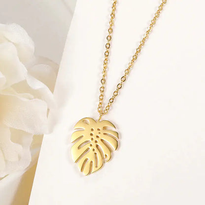 necklace, trendy jewelry, stainless steel, gold-plated, monstera leave, necklace pendant, luxury jewelry, waterproof

