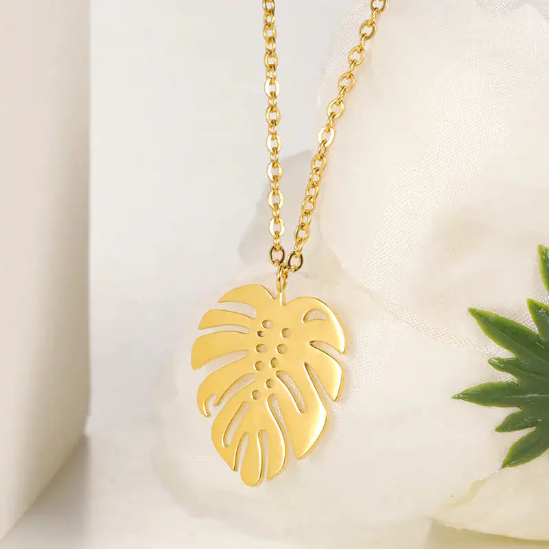 necklace, trendy jewelry, stainless steel, gold-plated, monstera leave, necklace pendant, luxury jewelry, waterproof

