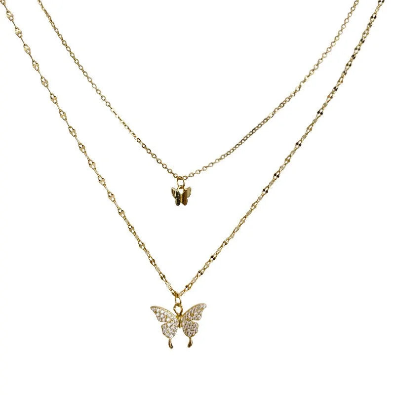 925 Sterling Silver CZ Butterfly Necklace: Double Layer Dainty Jewelry