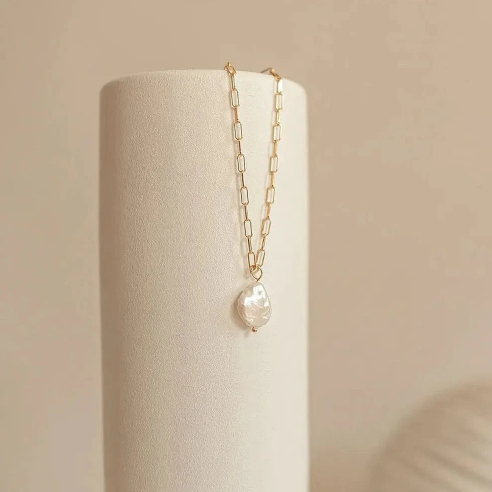 Rectangle Link Chain Pearl Necklace