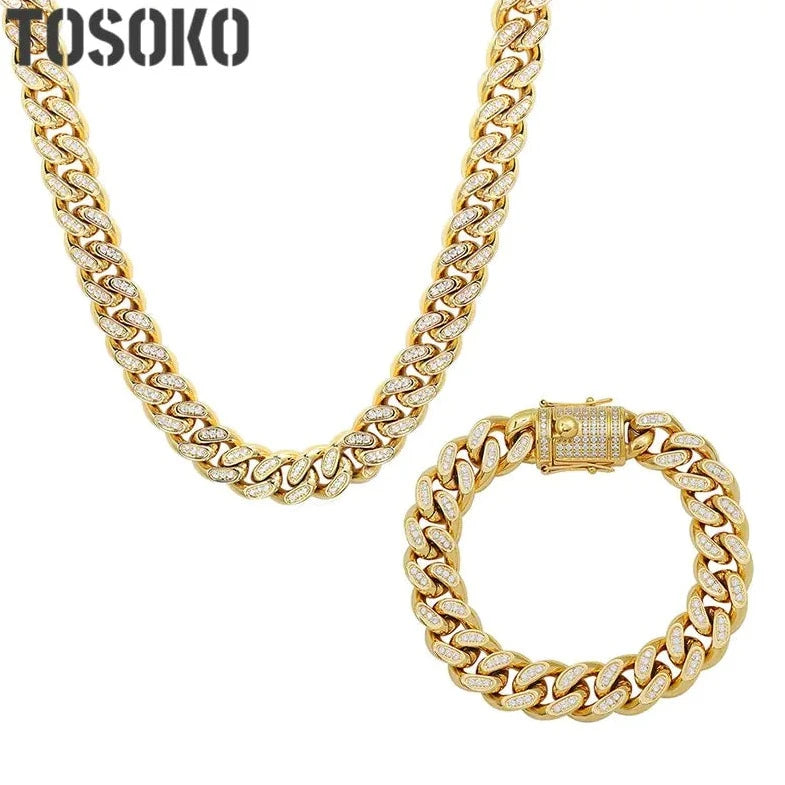 Stainless Steel Jewelry Full Zircon Inlaid CUBAN CHAIN Plated 18 K Gold Necklace Bracelet Set